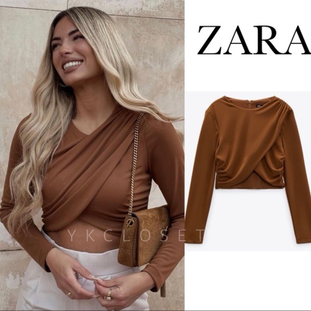 Zara Brown Long Sleeve Asymmetrical Ruched Blouse